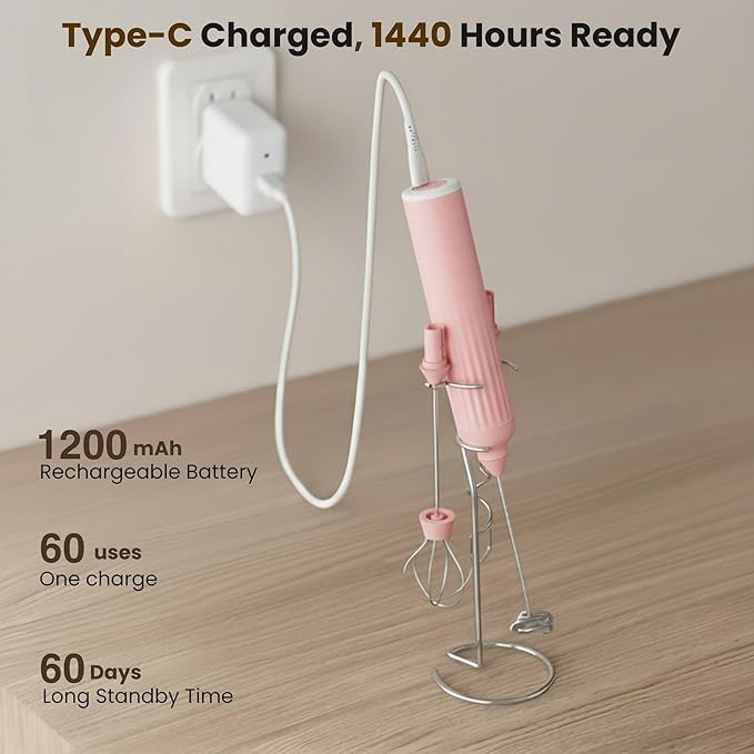 Milk Frother Handheld with 3 Stainless Steel Whisks, Rechargeable Electric Drink Mixer with Stand & Travel Case, Milk Foamer for Coffee, Latte, Cappuccino, Hot Chocolate, Egg,Jam Supplement-Pink