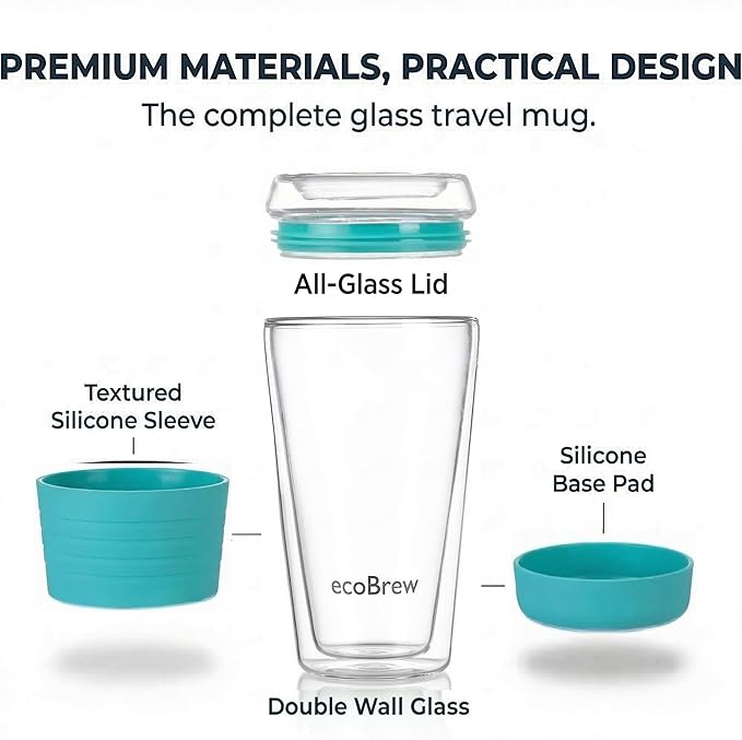 Double Wall Glass Tumbler with Lid, Glass Travel Mug, Dishwasher Safe & Microwavable Clear Coffee Tumbler To Go, Reusable Ceramic Cup with Lid (Bright Aqua, 16oz)