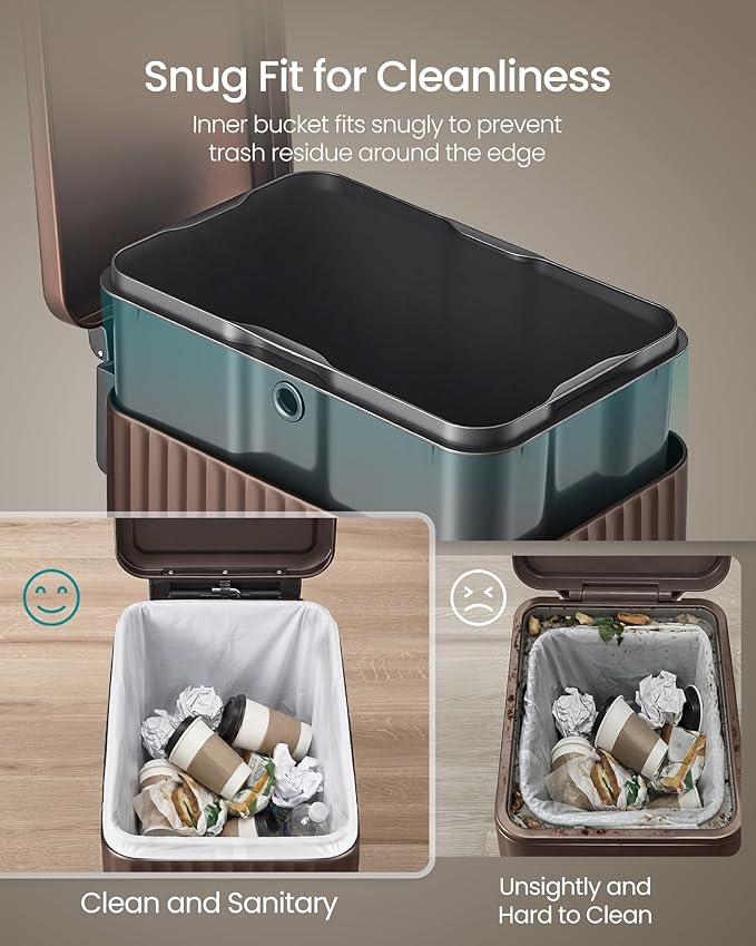 SONGMICS Trash Can, 13 Gallon (50 L) Slim Garbage Can for Kitchen, with Soft-Close Lid, Pedal, Removable Inner Bucket, Stainless Steel, 15 Trash Bags, Space-Saving, Brown ULTB350MZ01
