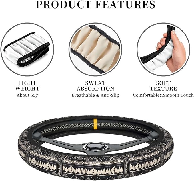 Black and White Mud Cloth Universal Fit Steering Wheel Cover for Car, Truck, and SUV, Durable Steering Wheel Protection