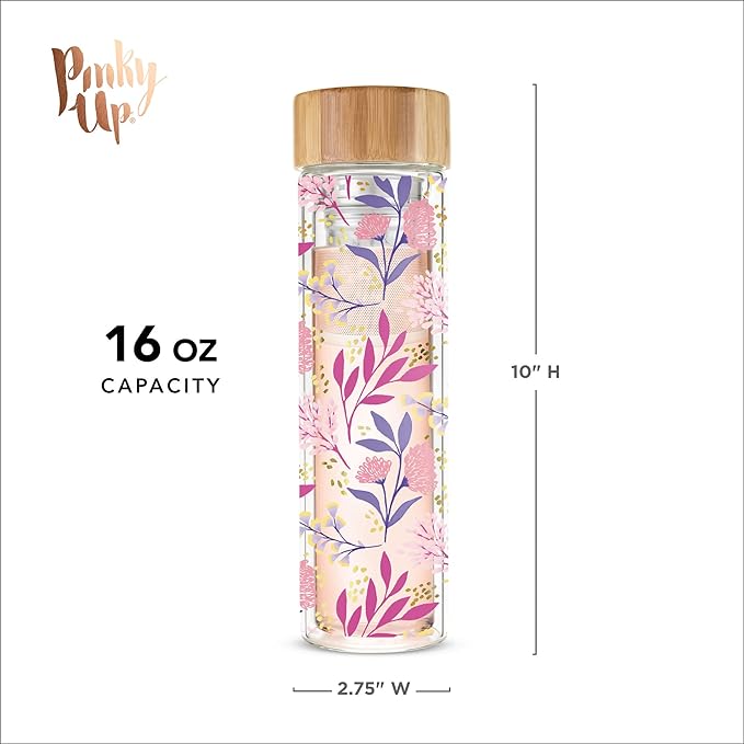 Pinky Up Blair Travel Tea Infuser Mug, Double Walled Insulated Travel Tumbler with Loose Leaf Tea Strainer, Travel Coffee Mug, Keeps Drinks Hot or Cold, 16 oz, Botanical Design