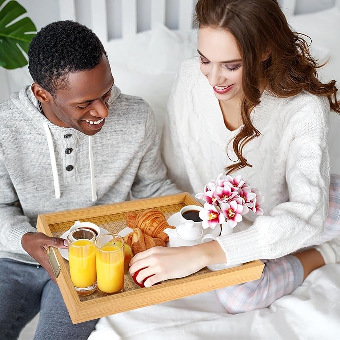Rattan Woven mesh Wooden Tray, Metal Handle, 2-Piece Food and Beverage Tray, Coffee Table, Breakfast, Dinner and bar, Kitchen, Party (Rattan Weaving/Large+Small)