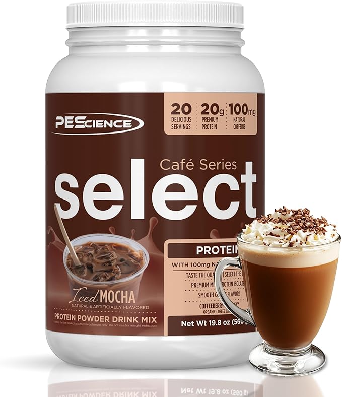 PEScience Select Cafe Protein Coffee Flavored Powder, 100mg Caffeine, 20g Iced Protein Coffee Powder or Creamer - Iced Mocha, 20 Servings