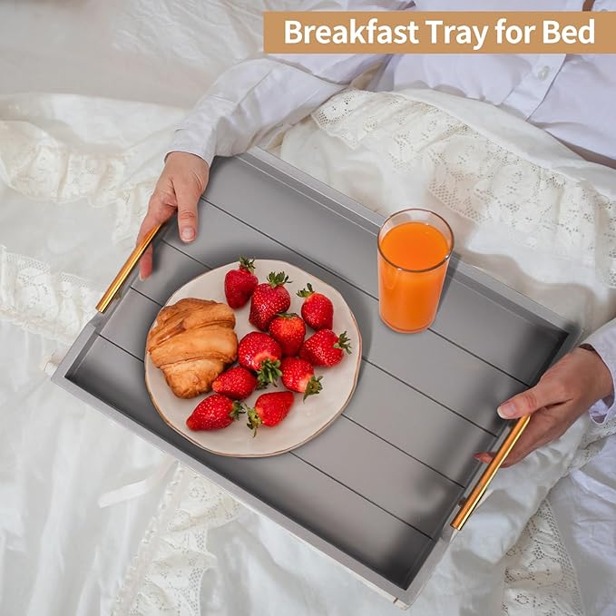 Wooden Serving Tray with 2 Sets of Handles,Large Ottoman Tray for Living Room, Rectangular Wood Tray for Coffee Table, Modern Farmhouse Kitchen Decor, 4 Round Coasters Included,Gray