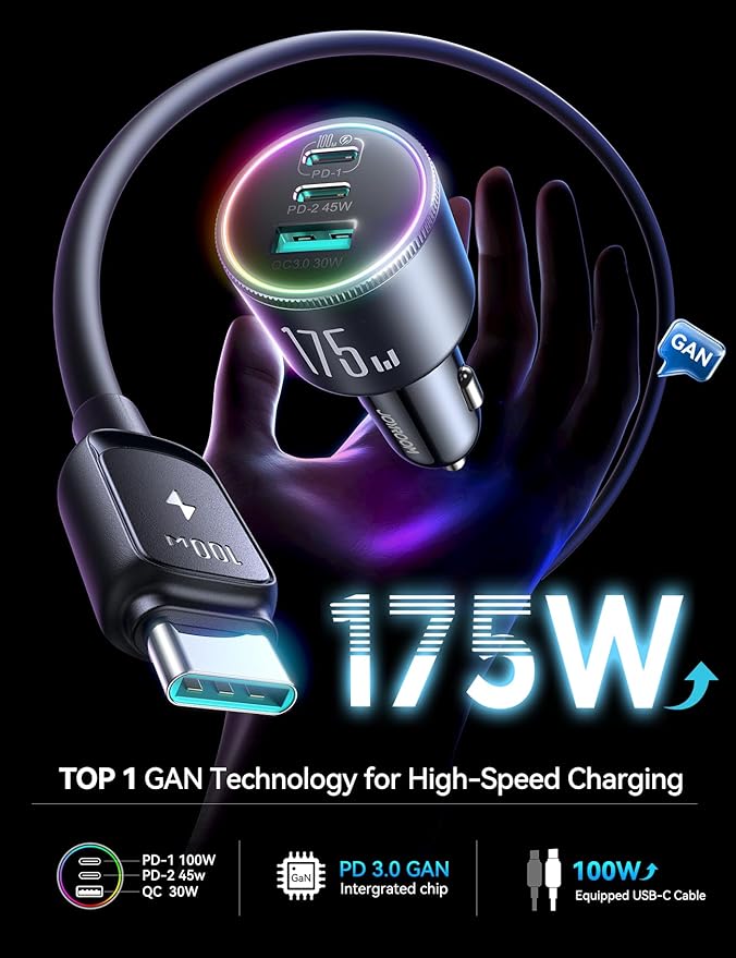 JOYROOM 175W Car Charger USB C Fast Charge, 3-Port Type C Super Fast Car Charger for iPhone 17 with USBC Cable, Cigarette Lighter Adapter for iPhone 17/16/15 Pro Max, Laptop, iPad, Samsung S25/S24/23