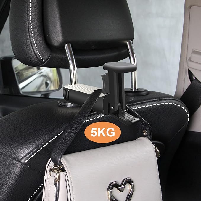 Car Headrest Hooks, 2 in 1 with Phone Holder, 360 Rotation for Purses, Bags & Groceries (Silver - 2PCS)