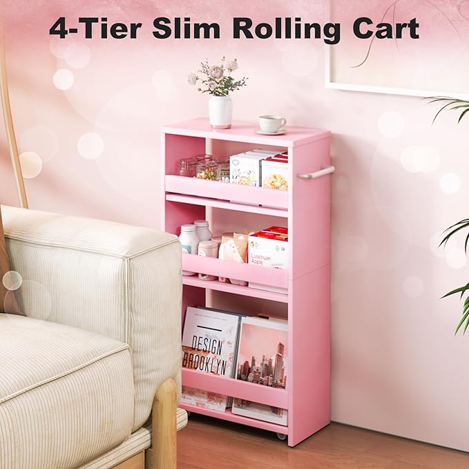MARTY Rolling Storage Cart 7.9" W, 4-Tier Kitchen Cart with Wheels Handle, Slim Storage Cart Mobile Shelving Utility Carts for Bathroom Laundry Room Organization Narrow Places (Pink)
