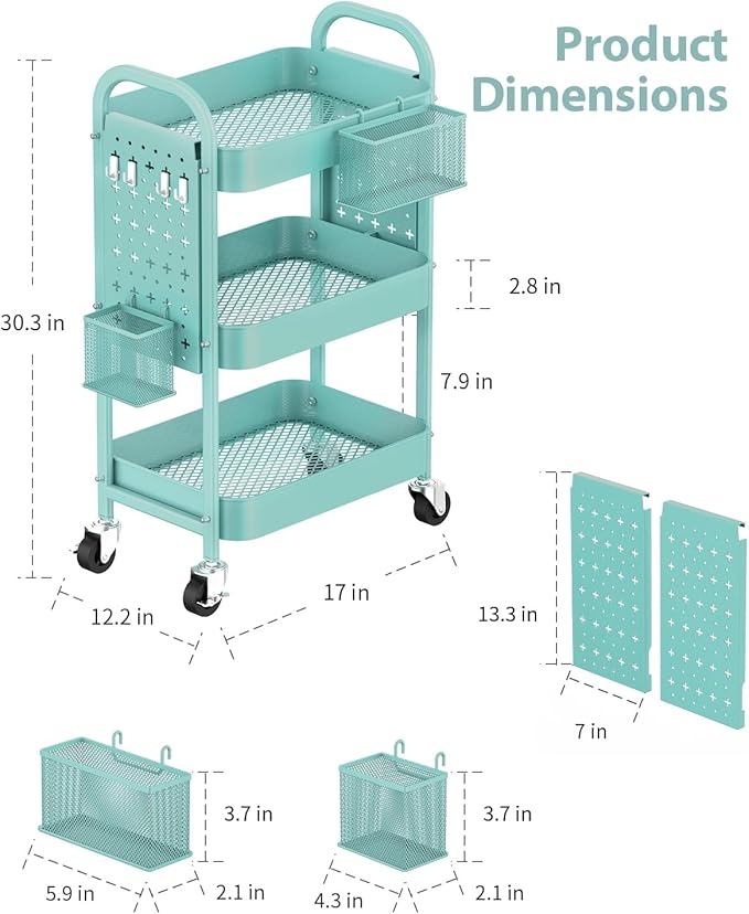 ALVOROG 3 Tier Rolling Cart with DIY Pegboards Metal Utility Cart with Wheels Handles Baskets Hooks, Craft Cart for Office Kitchen Bathroom(Tiffany Blue)