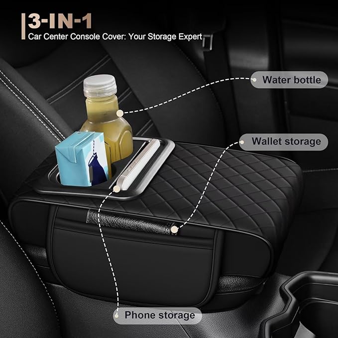 Center Console Cover Fit for Camry Faux Leather Car Armrest Cushion with Storage Bags, Cup Holder ＆ Phone Storage Multifunctional Middle Console Cover(Black)