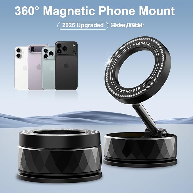 Vacuum Magnetic Phone Holder, Magnetic Phone Holders for Car, Suction Cup & Strong Magnet & 360°Adjustment, Magsafe Magnetic Mounts Accessories for iPhone 12-17(Black)