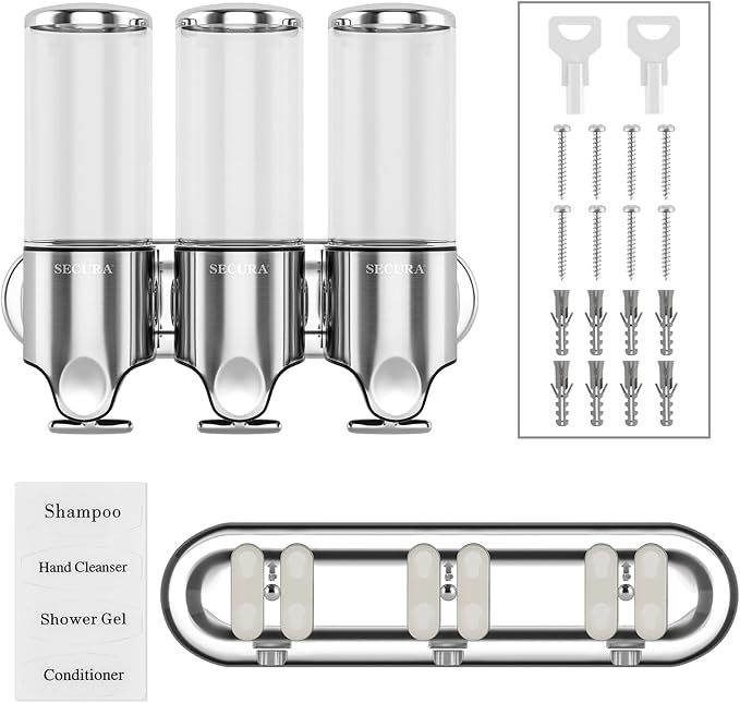 Secura Triple Wall Mounted Soap Dispenser, 3 x 17 fl oz Shampoo and Soap Dispensers Perfect for Home & Kitchen (Stainless Steel)