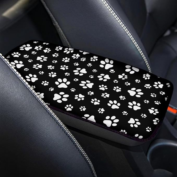 Black White Dog Paws Print Center Console Cover,Auto Armrest Cover Universal Car Armrest Storage Box Interior Accessories
