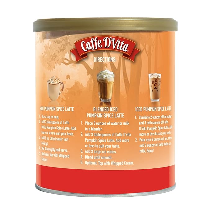 Caffe D'Vita Pumpkin Spice Latte Cappuccino - Instant Coffee Powder Mix, Gluten Free, No Cholesterol, No Hydrogenated Oils, No Trans Fat, 99% Caffeine Free - 1 Lb Can