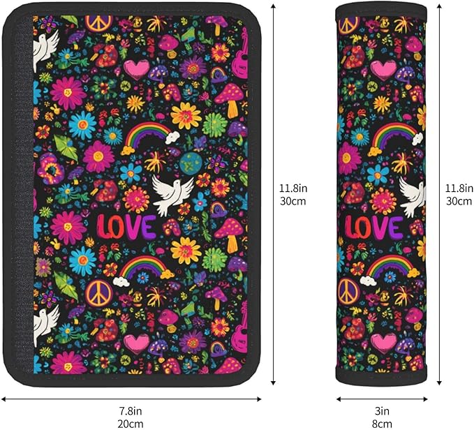 Retro Flower Peace Rainbow Love Steering Wheel Cover Elastic Non-Slip Car Steering Wheel Covers with Seat Belt Shoulder Pad for Women Men