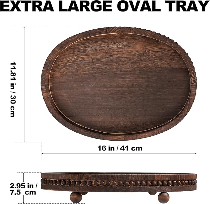 Wooden Decorative Tray-16×11.8in Wood Beaded Coffee Table Decor Tray, Rustic Farmhouse Decor Tray for Living Room, Bathroom, Kitchen Dining Table, Serving Tray Home Decor