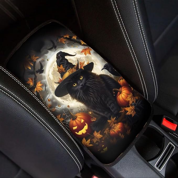 Mintutlipy Halloween Black Cat Car Center Console Cover Car Seat Box Cover Car Decoration Wear Proof Dust Proof Armrest Cover Protector