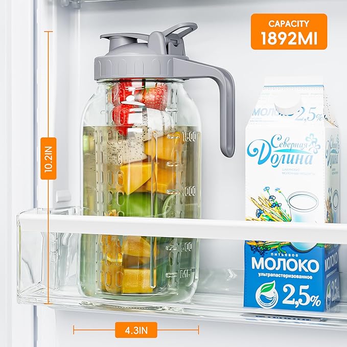 64 oz Fruit Water Infuser Pitcher, Heavy Duty Wide Mouth Glass Pitcher with Lid and Pour Spout, Tea Jug Airtight Seal for Freshness and Convenience, Great for Cold Beverages, Breast Milk