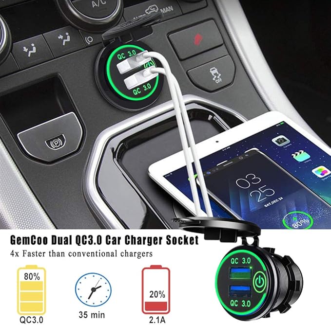 GemCoo 12V/24V USB Charger Socket, 36W QC 3.0 Dual USB Ports, Touch Switch, LED Indicator, Water Resistant, Green, for Car, RV, Boat, Truck, Motorcycle