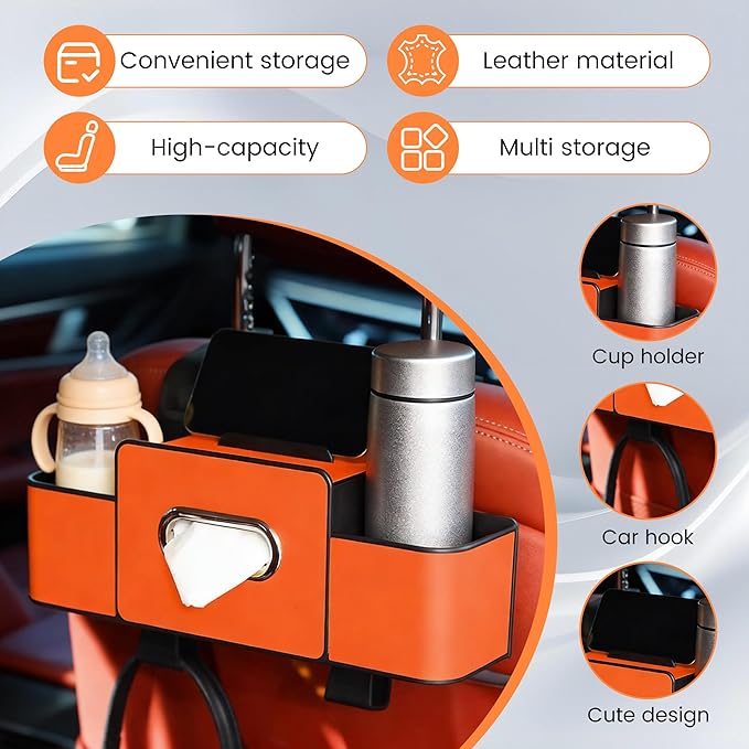Car Seat Back Storage Box, 2026 New 3-in-1 Multifunctional Car Back Seat Organizer with Cup Holder, Tissue Box, Trash Bin & Hooks for Hold Phones, Snacks, Drinks, Handbags (Orange)