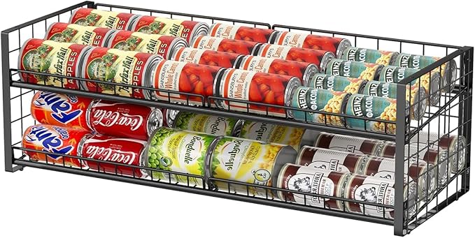 JKsmart 2-Tier Stackable Can Rack Organizer for Pantry Shelf, Extra-Long Can Holder for Kitchen Organization,Heavy Duty Can Dispenser for Canned Food Soup Goods up to 54 in Cabinet Storage, Black