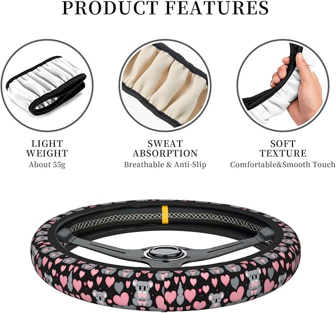 Cute Koalas Hearts Pattern Neoprene Steering Wheel Covers Women Men Car Accessories, Universal 15 Inch Fit Auto, Suvs, Truck