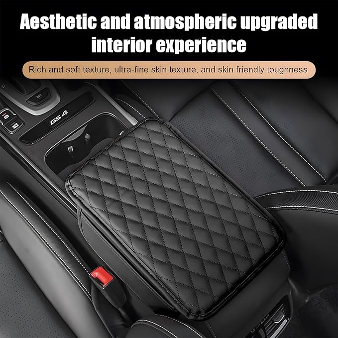 Car Center Console Cover with 2 Storage Pockets, Waterproof PU Leather Car Armrest Cover Cushion, Universal Car Armrest Seat Box Pad Car Interior Accessories for Most Vehicle (Black)
