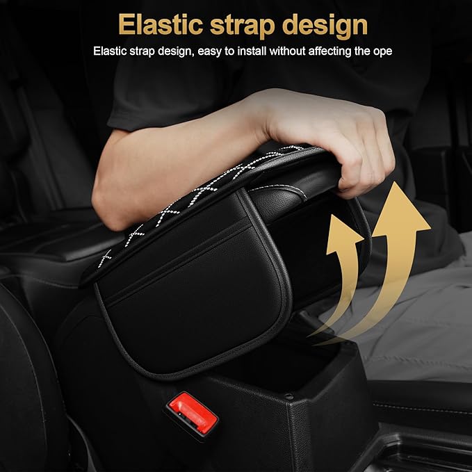 Center Console Cover Fit for MDX: Upgraded Bling Diamond Car Armrest Cover - Crystal Rhinestone Car Center Console Cover with 2 Storage Bags,Anti-Scratch Auto Armrest Pad Accessory （Black