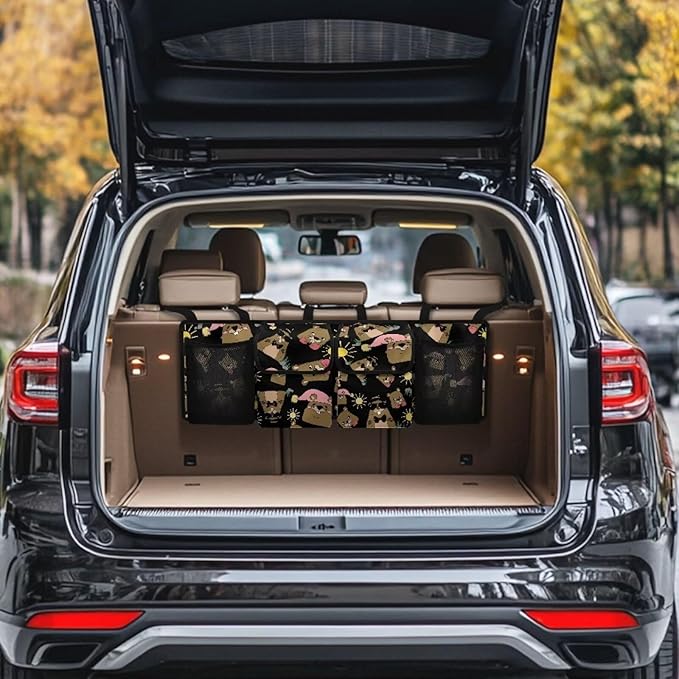 Cute Groundhog Back Seat Trunk Organizer Hanging Car Organizer Trunk Foldable Cargo Storage with 2 Large Storage Bag & 2 Mesh Pockets& 3 Adjustable Straps 37.01x11.81 inch