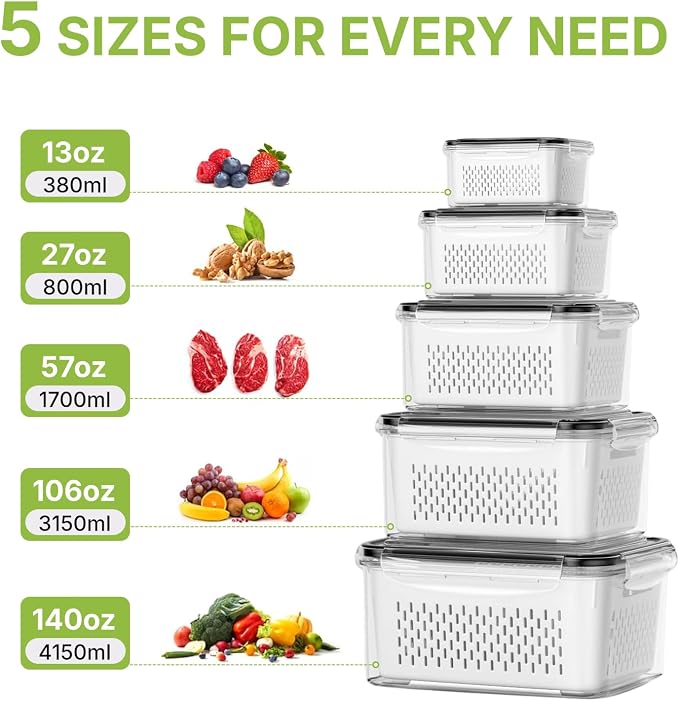 5 Pack Large Fruit Storage Containers for Fridge, Leakproof Produce Containers with Removable Colanders, Dishwasher Safe Fridge Organizers and Storage, Keep Berry, Vegetables Fresh Longer