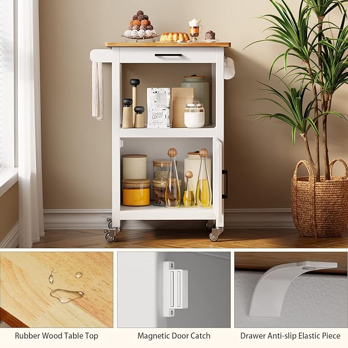 Kitchen Cart with Drawer, Small Kitchen Island on Wheels, Microwave Cart, Small Home Coffee Bar, Microwave Stand, Rolling Kitchen Island Cart with Side Hook, White