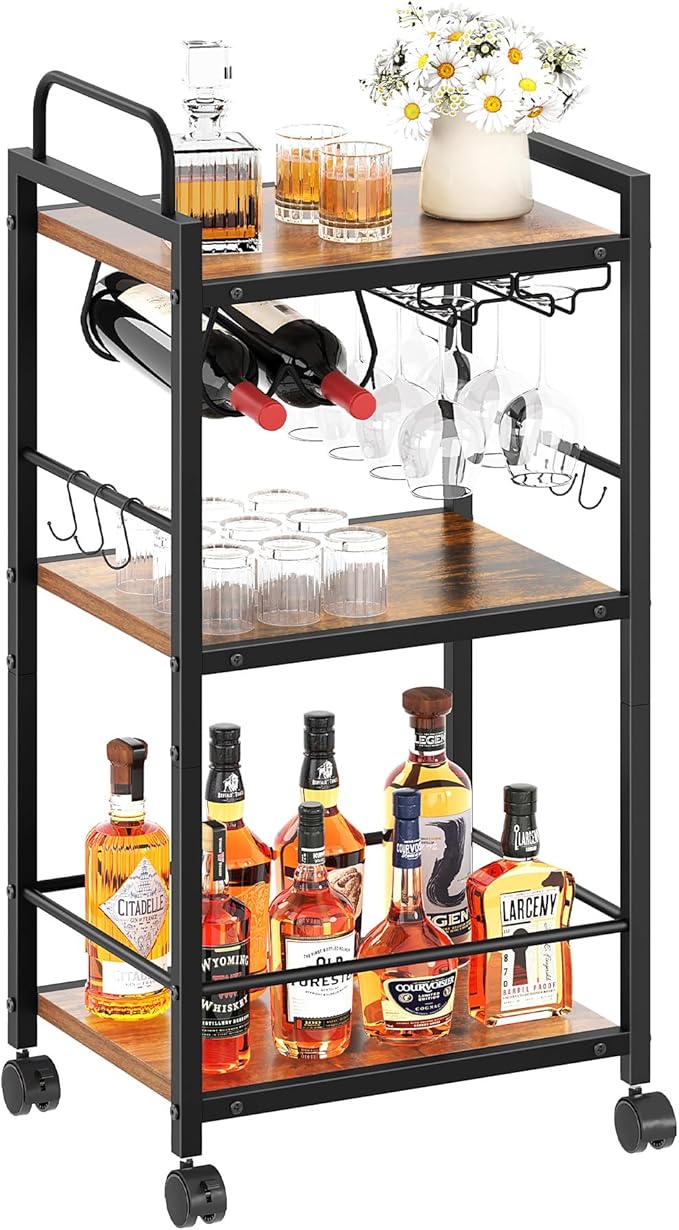 Bar Cart for The Home, 3 Tier Kitchen Carts with Wheels, Small Rolling Cart with Glass Holders, Wine Rack, Mini Bar Cart for Kitchen, Dining room, Living Room, 13.0"D x 17.0"W x 33.8"H, Rustic Brown