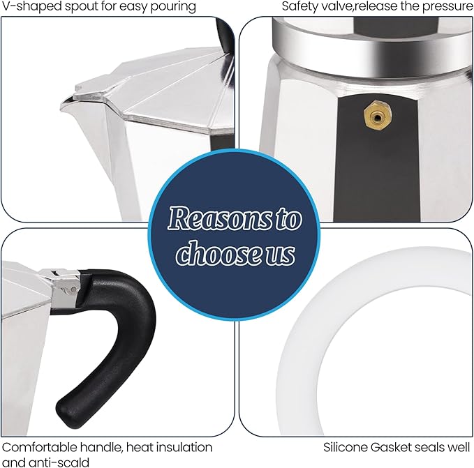 2 Cup Moka Pot Aluminum 100ml Italian Coffee Maker Stovetop Espresso CoffeeMakers Mocha Pot Percolator Greca Coffee Maker for Electric Ceramic Stove Portable for Easy Brewing