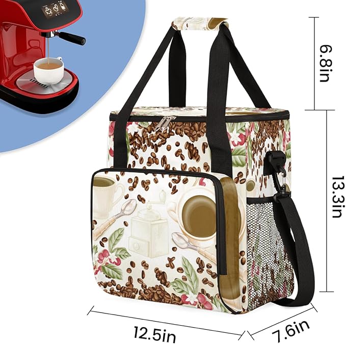 Watercolor Coffee Bean Coffee Maker Carring Bag Cafe Travel Carrying Storage Tote Bag Compatible with Keurig K-Mini or K-Mini Plus Portable Single Serve Coffee Brewer Case with Pockets for K-cup Pods