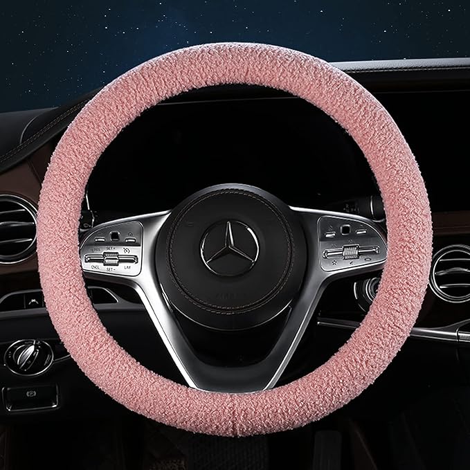 Furry Winter Car Steering Wheel Cover for Women, Soft Fleece Plush Warm Universal Auto Accessories for Jeep, Truck, Van, F150, Fuzzy, Anti Slip, Pink, Large Size, 15.2-16in