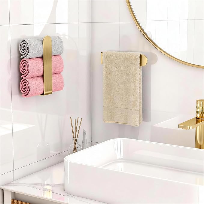 Bethom 2 Pack Gold Hand Towel Holder, 8 Inch Square Adhesive for Kitchen | Self Adhesive Towel Bars Stick on Wall, Hand Towel Racks for Bathroom, RV, BBQ Grill, Aluminum