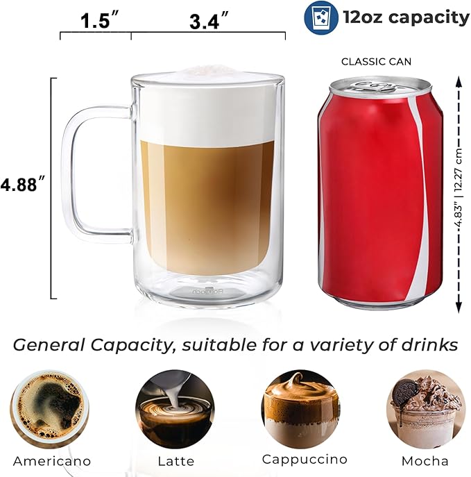 Aquach 12 oz Double Walled Glass Coffee Mugs with Handle, 2-Pack - Ideal for Latte, Cappuccino and Tea