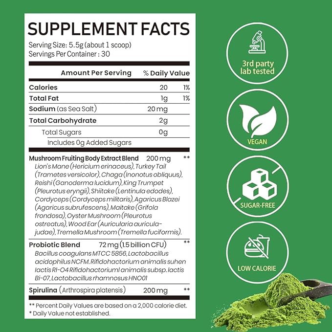 Mushroom Matcha with 12 Mushrooms with Lion's Mane, Chaga and Probiotics, Ceremonial Grade Matcha Powder for Focus, Digestion & Immunity - 30 Servings
