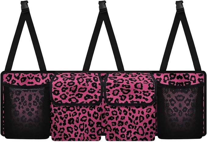 SEANATIVE Pink Leopard Car Trunk Organizer, Auto Waterproof Sturdy Backseat Hanging Large Storage Collapsible Cargo Bag with Anti-Slip Adjustable Strip Vehicle Interior Accessories