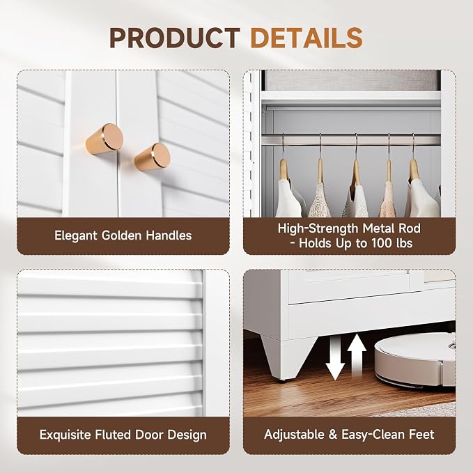 Letaya Armoire Wardrobe Closet,20" Deep Metal Wardrobe Cabinet with Doors and Shelves,Hanging Rod Clothing Storage Cabinets for Home Room (White)