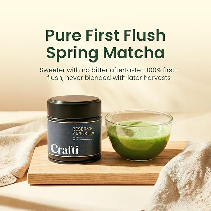 Crafti Ceremonial Grade Matcha Powder | 100% First Harvest | Single Cultivar | Yabukita | Unsweetened Authentic Japanese Matcha Green Tea Powder from Yame, Fukuoka (30g / 1.06oz)
