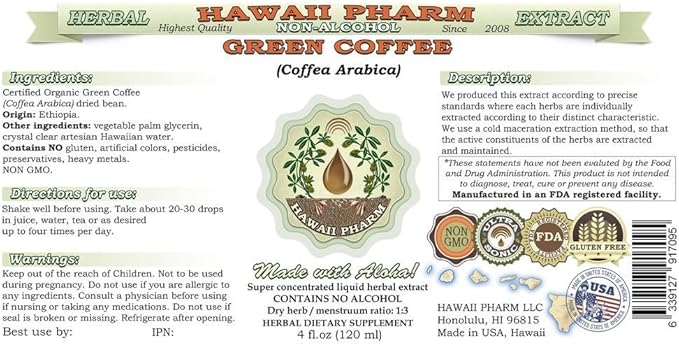 Hawaii Pharm Green Coffee Alcohol-Free Liquid Extract, Green Coffee (Coffea Arabica) Dried Bean Glycerite Natural Herbal Supplement 32 oz Unfiltered