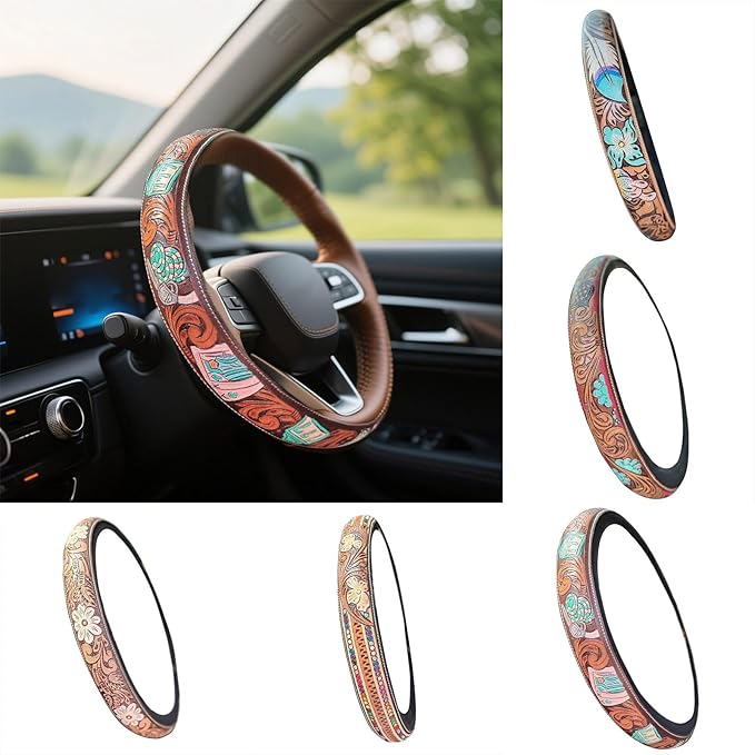 Retro Western Cowboy Car Universal Steering Wheel Cover, Embossed Handcrafted Tooled Leather Western,Anti Slip, Auto Interiors Accessories,Breathable for Trucks SUVs Cars (B)