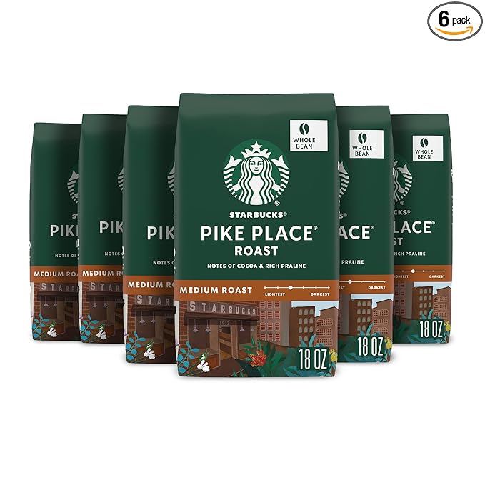 Starbucks Whole Coffee Beans, Medium Roast Hot or Iced Coffee, Pike Place Roast, Six 18 oz Bags