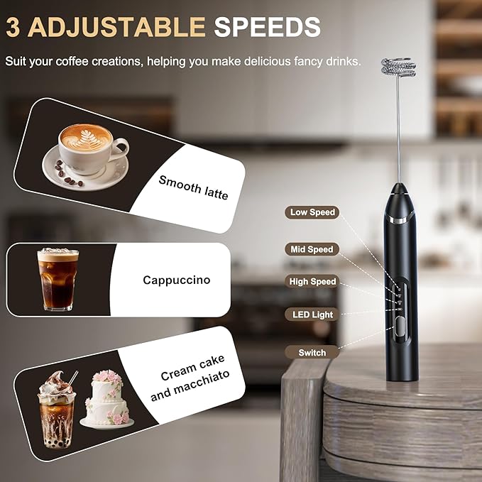 Rechargeable Plant Milk Frother Handheld, Coffee Milk Frother 3 Speed Portable Electric Foam Maker with 2 Detachable Stainless Steel Whisks for Plant-Based Milk Oat Almond Latte Cappuccino Matcha