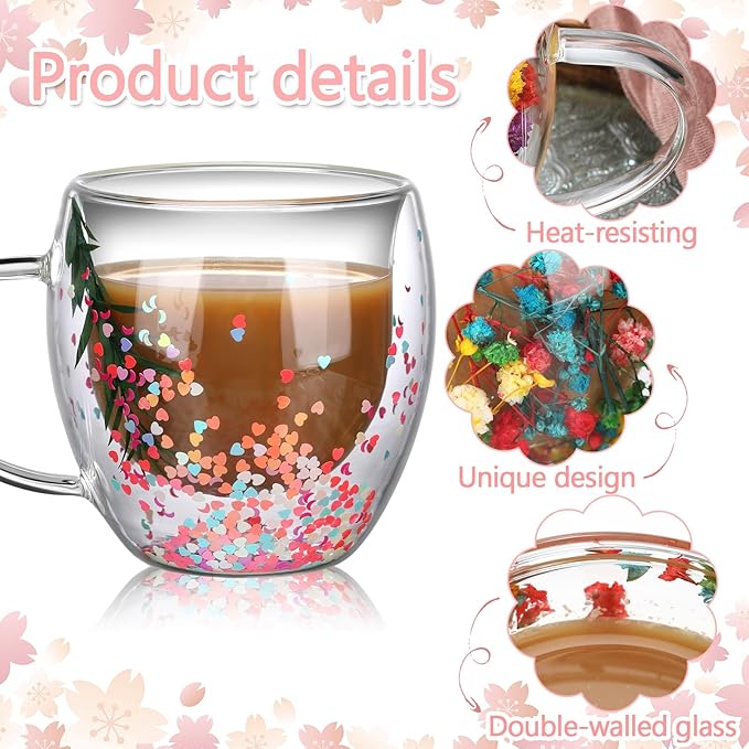 6 Pcs Flower Double Wall Coffee Mugs 8.5 oz Clear Decorative Coffee Glass Cup Insulated Heat Resistant Mug with Handle for Hot Cold Espresso Beverages Juice Birthday Mother's Day Gifts