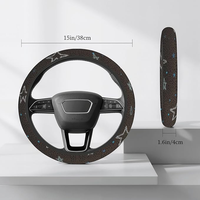 Cute Steering Wheel Cover for Women, Machine Washable Universal 14.5-15.5 inch Non-Slip Grip All Weather Use (Brown Leopard Stars)