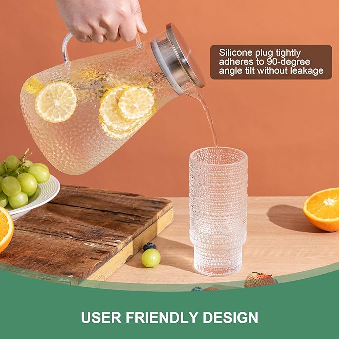 2.0 Liter 68 oz Glass Pitcher with Lid and Spout, Glass Carafe for Hot/Cold Water, Large Iced Tea Pitcher for Coffee, Milk,Juice and Homemade Beverage,Iced Coffee, and Container for Drinks