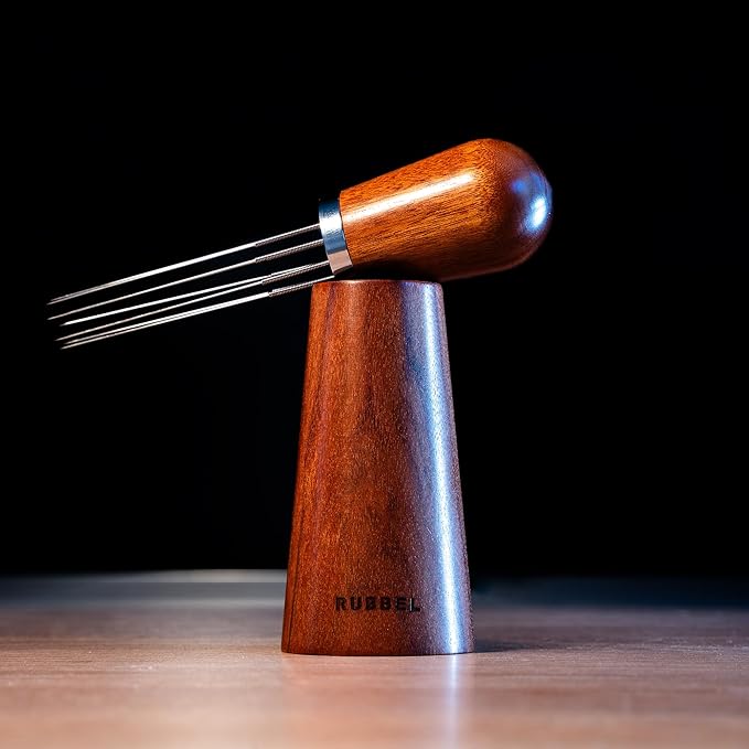 WDT Tool Espresso - Espresso Coffee Stirrer Professional - Stainless Steel 8 Needles 0.35mm - Natural Wood Handle Needle Type - Stand Walnut Stirring Distribution