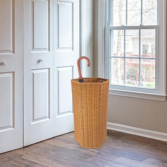 Artificial Rattan Umbrella Stand 15.55In Indoor Umbrella Storage Bucket with Drainage Tray for Entryway and Yoga Mat Organizer