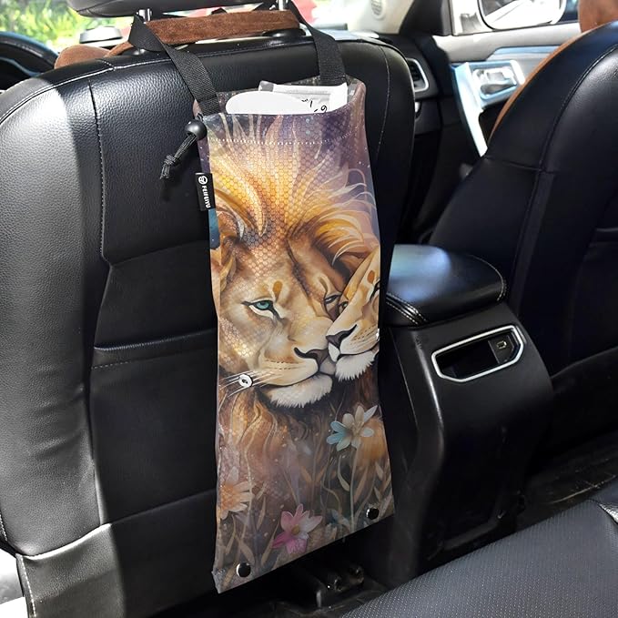 ALAZA Hanging Car Trash Bags Garbage Bag Trash Can for Back Seat Small Lion 2 Washable Storage Bag Retractable 2 Pack